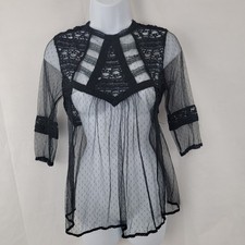 RE-ORDER Womens Blouse Sheer Lace Embroidery BLACK Goth Grunge Whimsigoth Top S