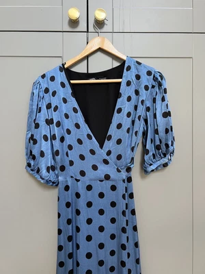 ZARA Blue Polka Dot Satin Silky V neck Wrap Midi Dress With Puff Sleeves S