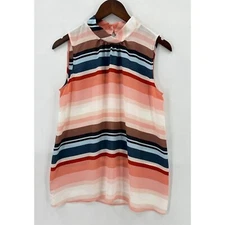 Loft Top Womens Sleeveless Pullover Striped Chiffon Back Key Hole Multicolor S