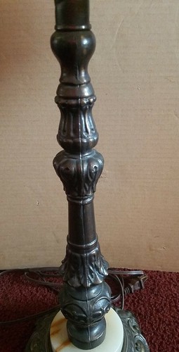 Antique Brass Table Lamp with Dual Upholstered Shades & Marble Base - Picture 7 of 12
