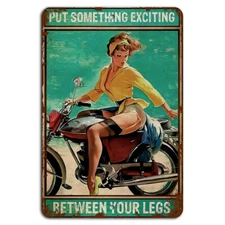 Motorcycle Pinup Girl Sign - Retro Garage Decor 8x12 Inch Aluminum