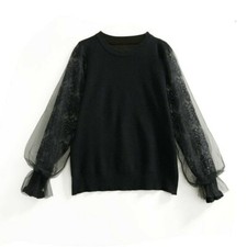 Damen Strickpulli Pullover Top Blumen Spitze Netz Puffärmel Rüschen Freizeit