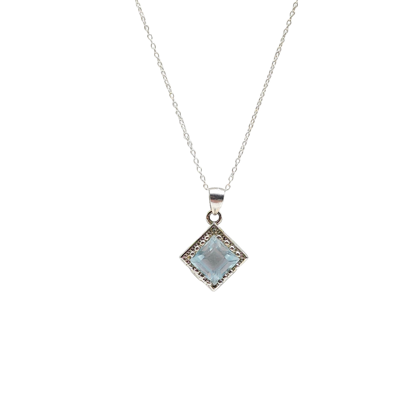 925 Sterling Silver Blue Topaz Solitaire Pendant Chain Necklace Vintage