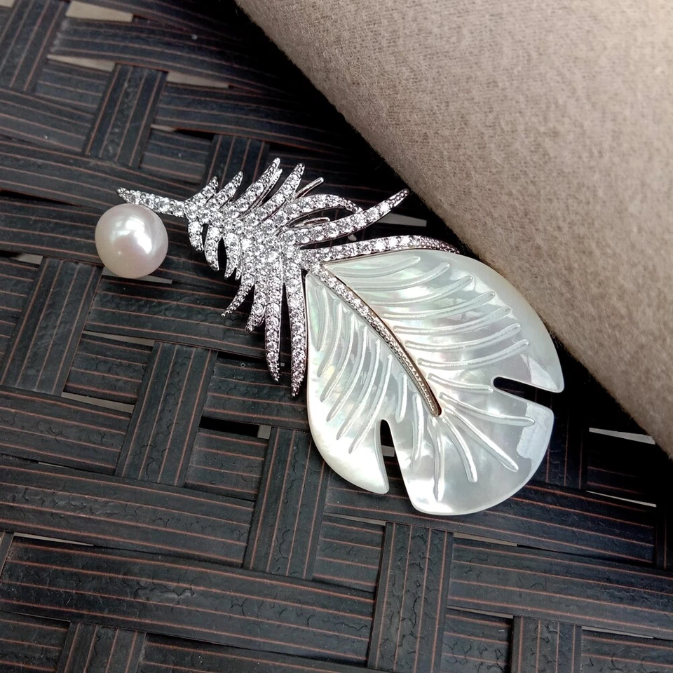 White Natural Sea Shell Mop Carved Leather Shape Cz Pave White Pearl Brooch - Image 4 of 4