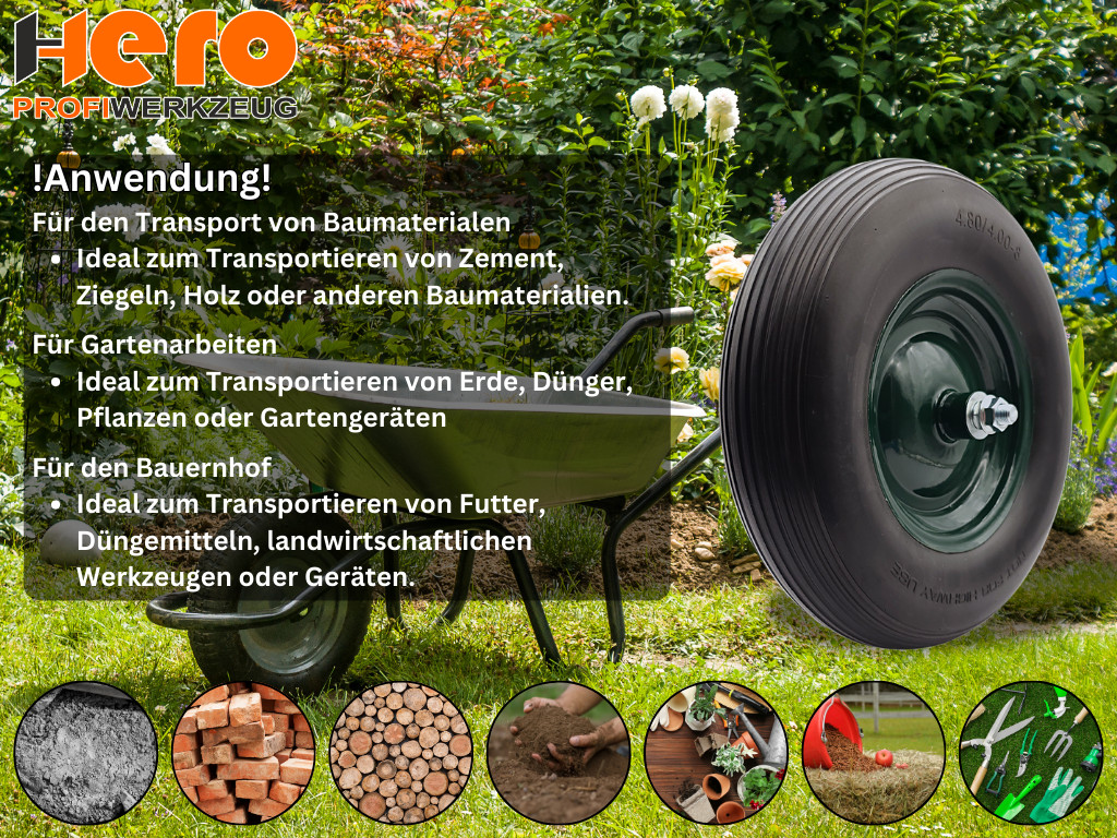 Schubkarrenrad Vollgummi PU Ersatzrad 4.804.00-8 Reifen 16mm Achsloch HERO