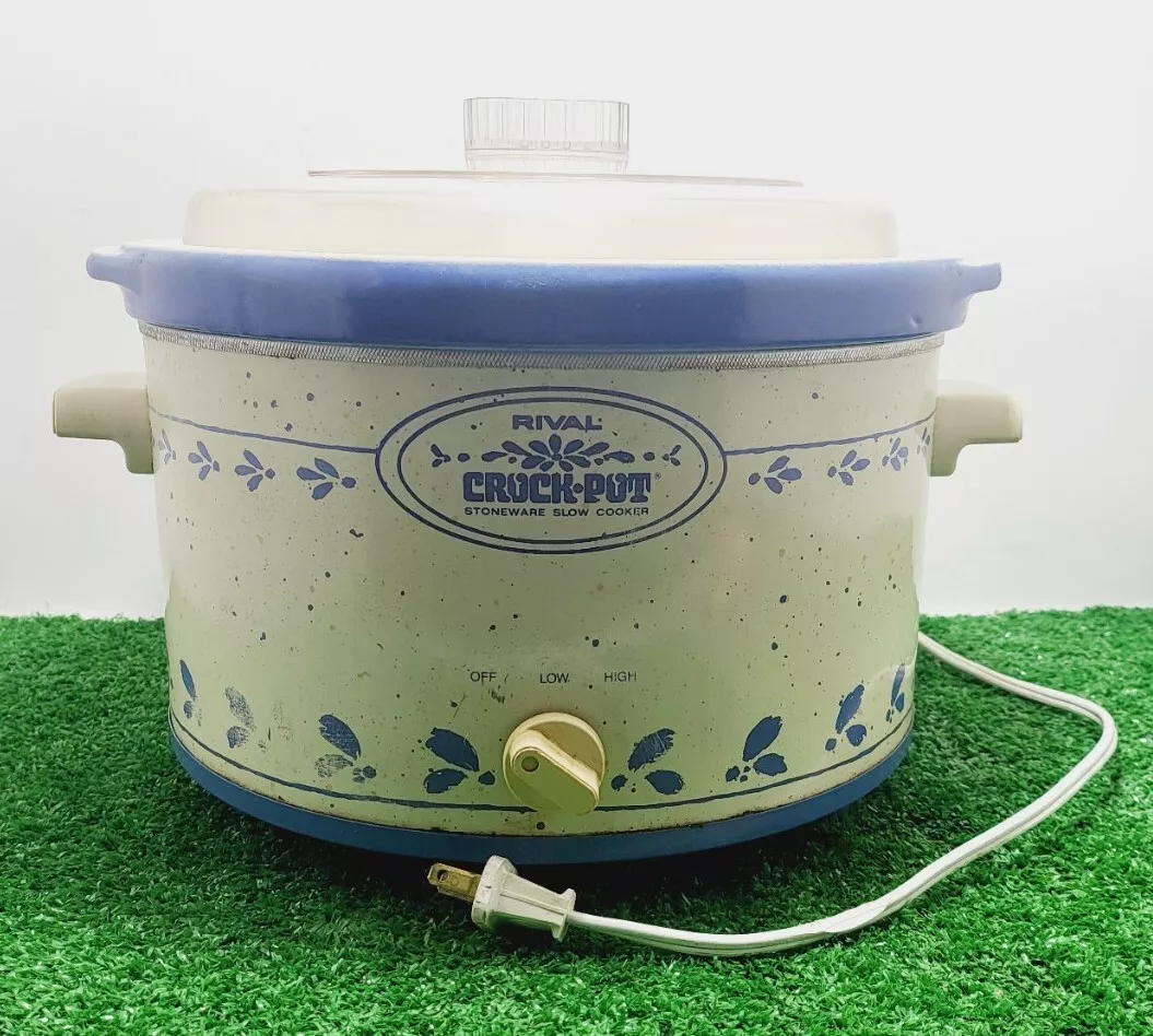 VTG RIVAL Crock Pot Model 3355 Slow Cooker 5 QT Blue Flowers Rare Complete Set