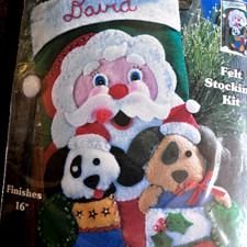 Santa with Puppies Stockings Gift, 16" Christmas Stocking Kit Design Works 5049