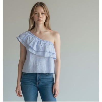 Halogen One Shoulder Striped Ruffle Top XS Blue White Cotton Blend