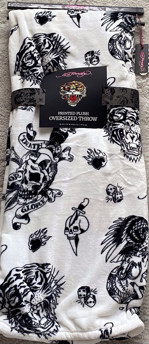 Ed Hardy Tattoo Printed Plush Oversized Throw Blanket Tiger Skull