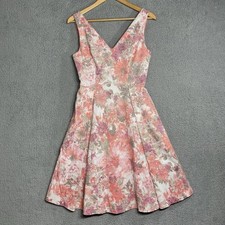 Adrianna Papell Dress Sz 6 Red & Pink Roses On White Zip Lined Pockets