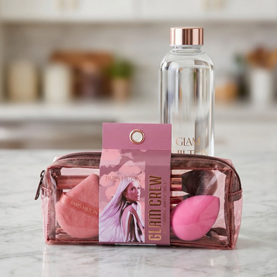 Paris Hilton Glam Crew Makeup Brush Sponge Set Clear Pink Cosmetic Bag New