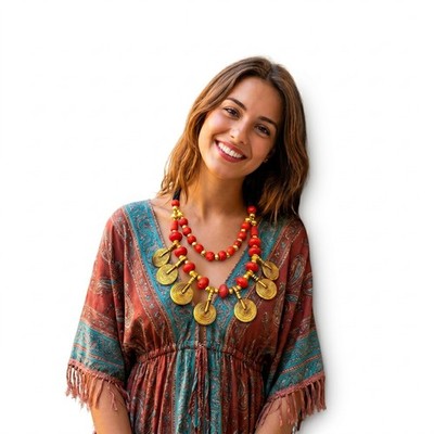 N7821 GYPSY TRIBAL Spiral Bone Coral Color Glass Strand NECKLACE Tibetan Jewelry