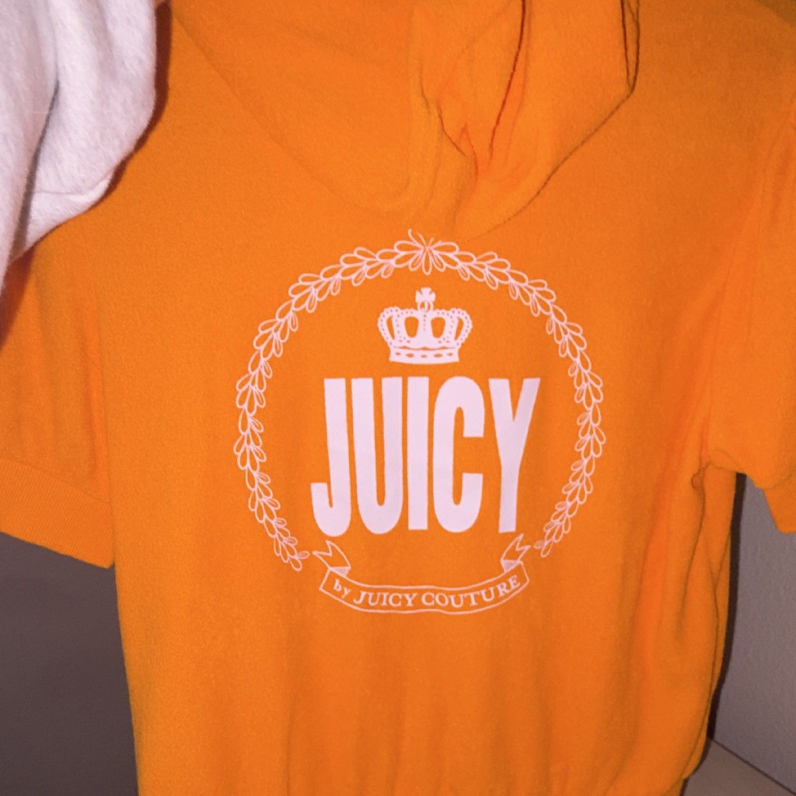 Vintage Juicy Couture Orange Zip Short Sleeve Terry Hoodie L Logo