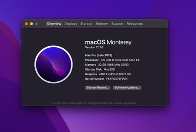 2013 Mac Pro 6-Core Intel Xeon E5 3.5 GHz 32GB RAM X2 AMD FirePro D300