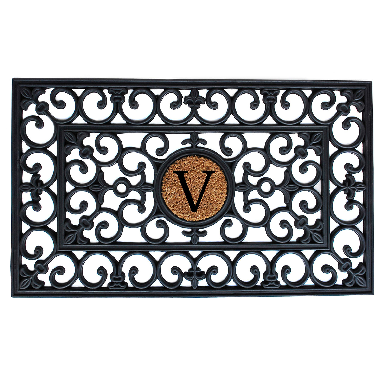 150011830V 18x30 Rubber Monogram Doormat Featuring Stylish Letter V Design for Personalized Home Entryway Decor
