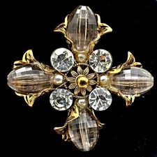 Maltese Cross Brooch Smoke Acrylic Gothic Revival Pin Gold Tone Rhinestones Vtg