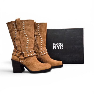 NWT Madden NYC Women's Moto Western Boots Studded Size 8, 9, 11 Faux Suede Brown