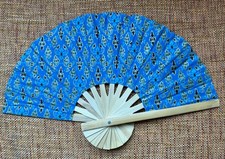 Fan Thai Folding Light Royal Blue Geometric Bamboo Thailand Decor                  14