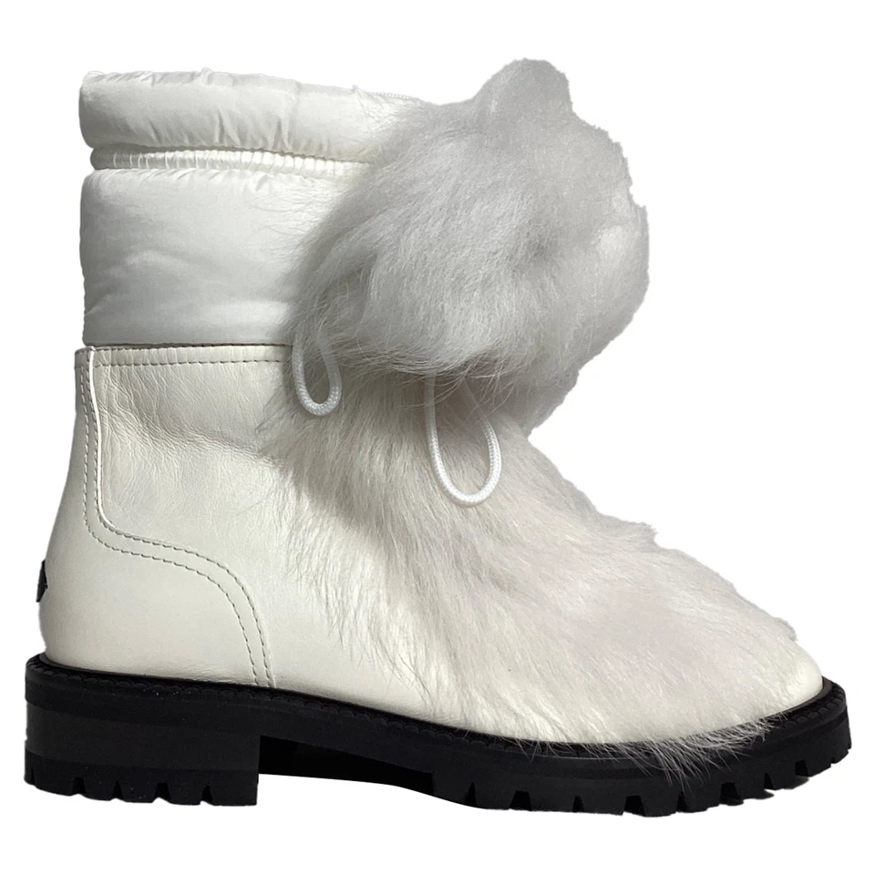 Jimmy Choo Fur Trim Ankle Boots In White Leather Women Ecru Size 35.5