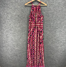 London Times Dress Women 10 Pink Geometric Maxi Long Sleeveless Hook & Eye