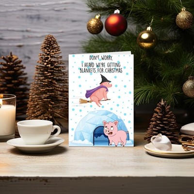 Frohe Weihnachten Karte mit Schweinen in Decken - Weihnachtskarte - lustige Weihnachtskarte