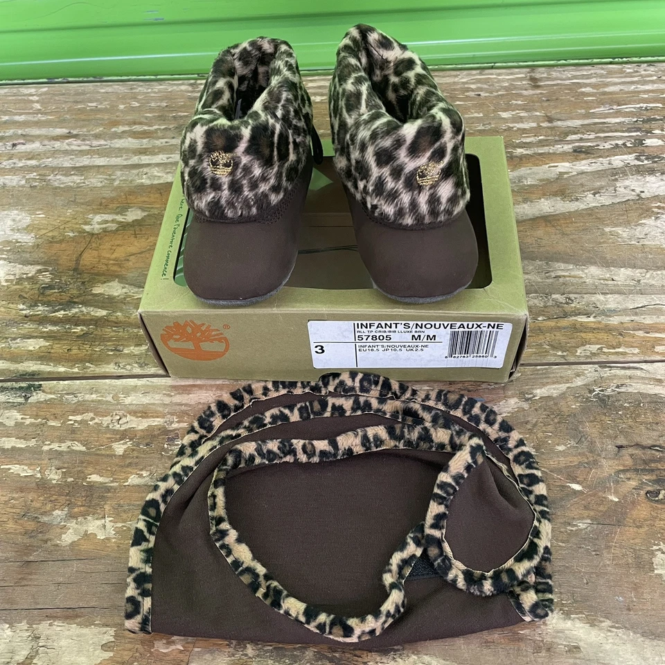 Timberland 2 Piezas Cuna Infantil Botas Estampado Leopardo Lujo Marrón + Conjunto Babero Bebé Talla 3 Foto 2 de 4