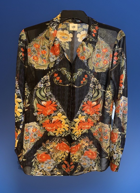 CAbi Blouse Heart Anour Sheer Black Floral Button Up Sz Small 30”Lx 36”C