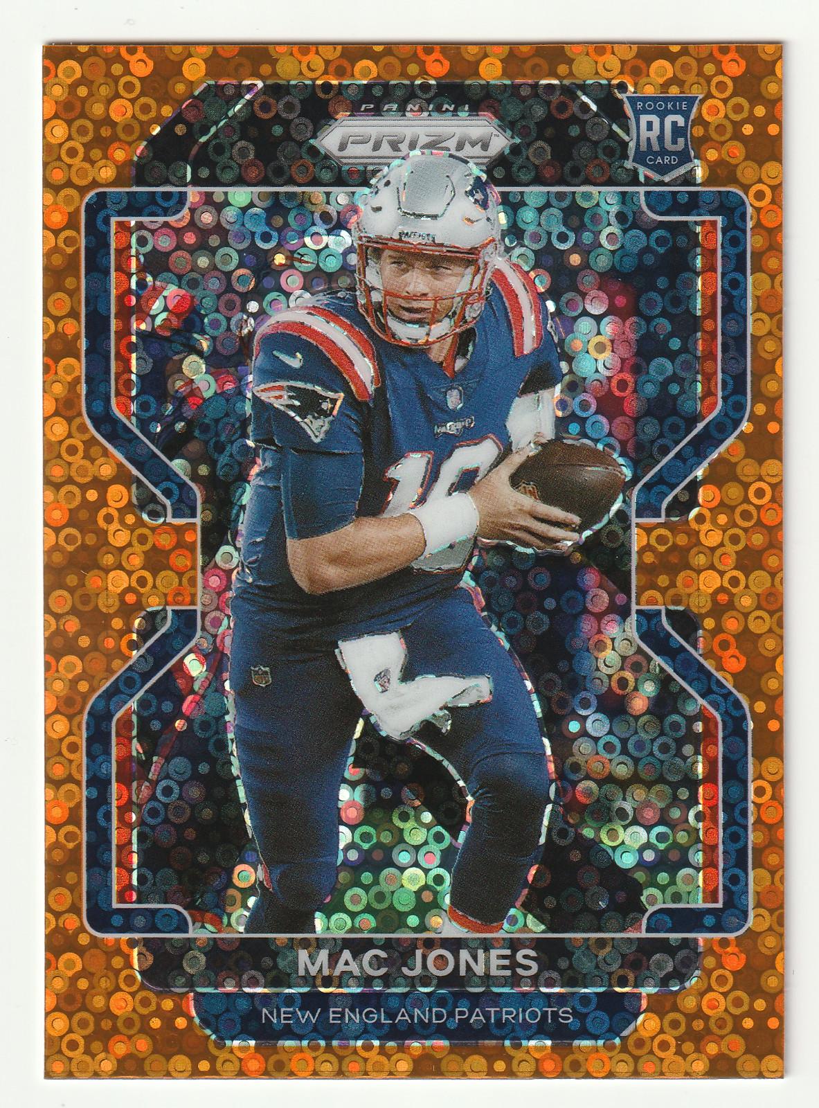 MAC JONES 2021 PRIZM #336 / RC ROOKIE/ ORANGE DISCO PRIZM / NEW ENGLAND PATRIOTS
