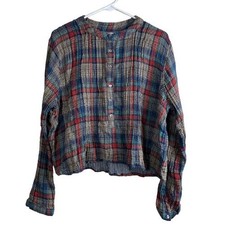 Natural Life Pintuck Plaid Henley Blouse Cropped Sz L Boho