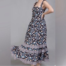 Boho Floral Paesant Tiered Maxi Dress Sz L Smocked Fairy Summer Vacation Casual