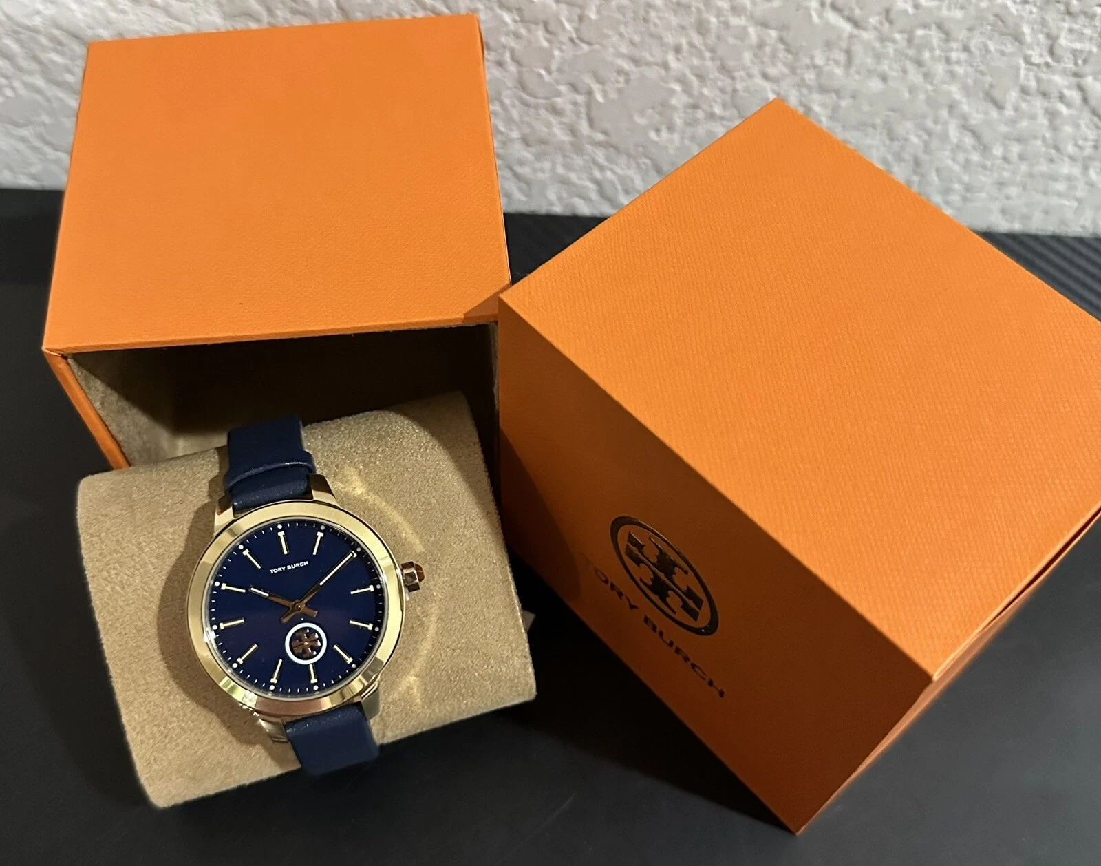 Orologio Nuovo con Etichette Tory Burch Collins Cinturino in Pelle Navy TBW1203