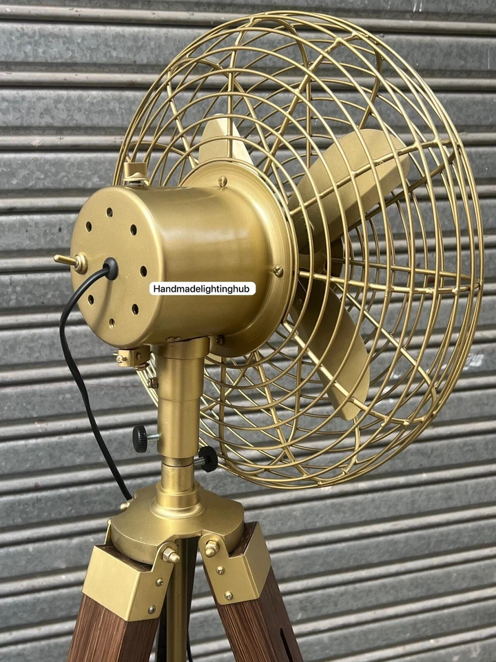 Ventilador de piso con pedestal náutico - Trípode de madera industrial retro estilo Royal Navy marrón Foto 2 de 4
