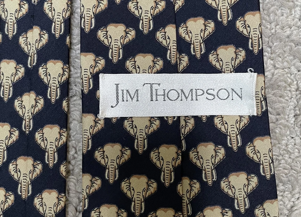 Corbata de seda Jim Thompson azul marino bronceado elefante Tailandia safari africano Foto 4 de 4