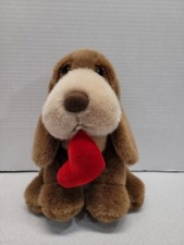 Vintage Russ Berrie Hound Dog Plush Stuffed Animal Tricolor Red Heart 9" Tall