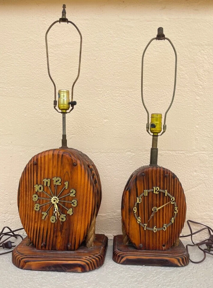 2 Vintage Wood Ship Pully Rope Lamp Clock Pair Nautical Beach Cabin Decor Shabby - Image 2 of 4