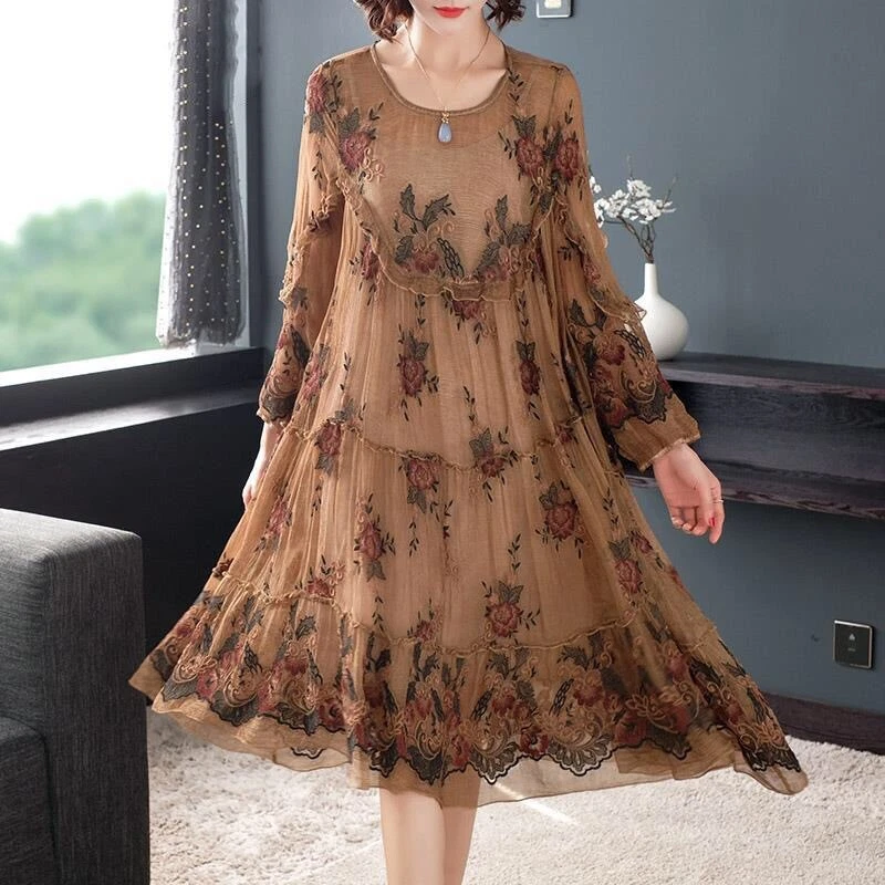 Female Long Sleeve Chiffon Dress Women's New Temperament Knee Length Gown