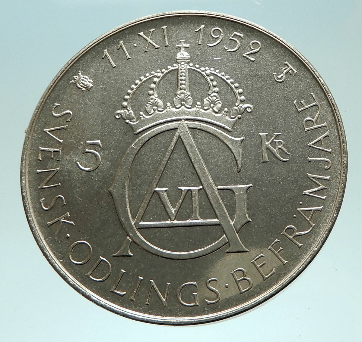 1952 SWEDEN King GUSTAV VI ADOLF 70th Birthday Silver 5Kr SWEDISH