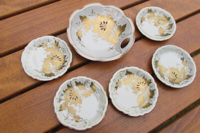Oscar Schlegelmilch Konfektteller 6 teilig Golddekor Blumenmuster Handgemalt