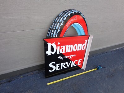 VINTAGE 19 x 26 INCH DIAMOND TIRE ADV. SIGN 2 SIDED HEAVY METAL FLANGE  # L 36