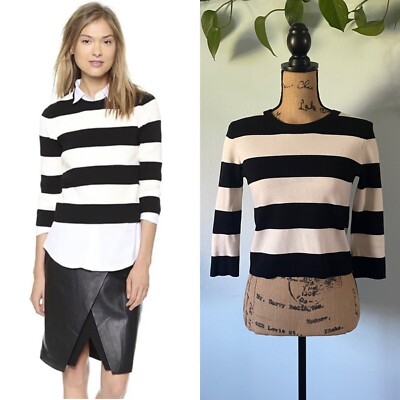 THEORY Womens Harmona Prosecco Crop Sweater Black Ivory Bold Striped Size TP