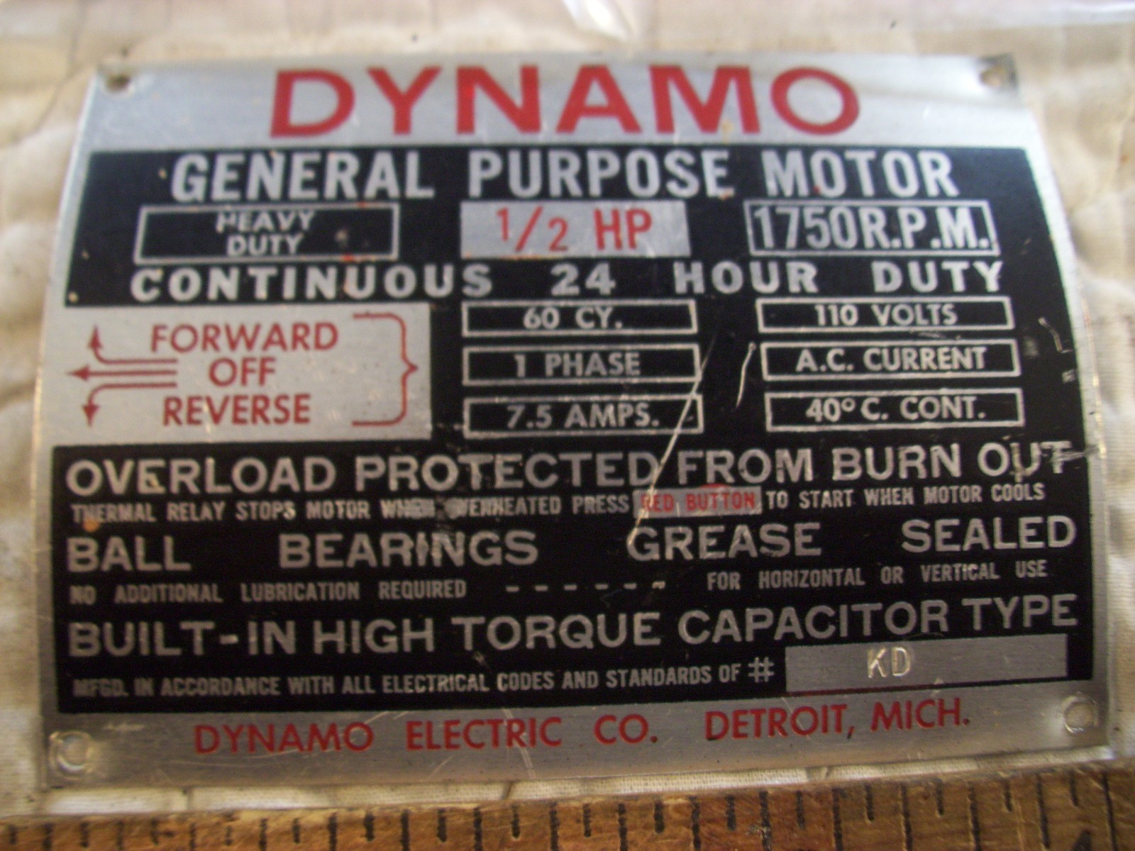 Large DYNAMO Electric Motor Name Plate from 1/2 HP General Purpose ...
