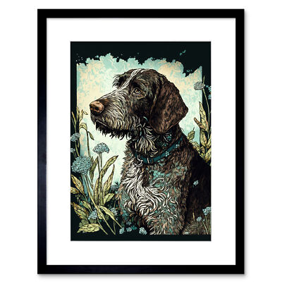 German Wirehead Pointer Dog Wildflowers Framed Wall Art Print Picture 9X7 In