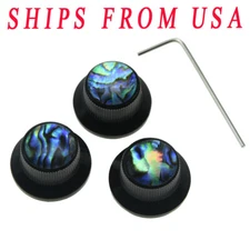 KAISH3pcs Abalone Top Set Screw Black Guitar Bass Metal Knobs for 6mm Shaft Pots