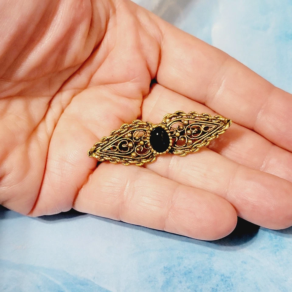 Broche prendedor vintage negro y dorado estilo victoriano, 2" tono lucite y dorado go-70 Foto 2 de 4