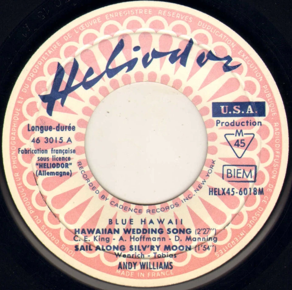 ANDY WILLIAMS "BLUE HAWAII" EP 1959 HELIODOR 6018 - Photo 4/4