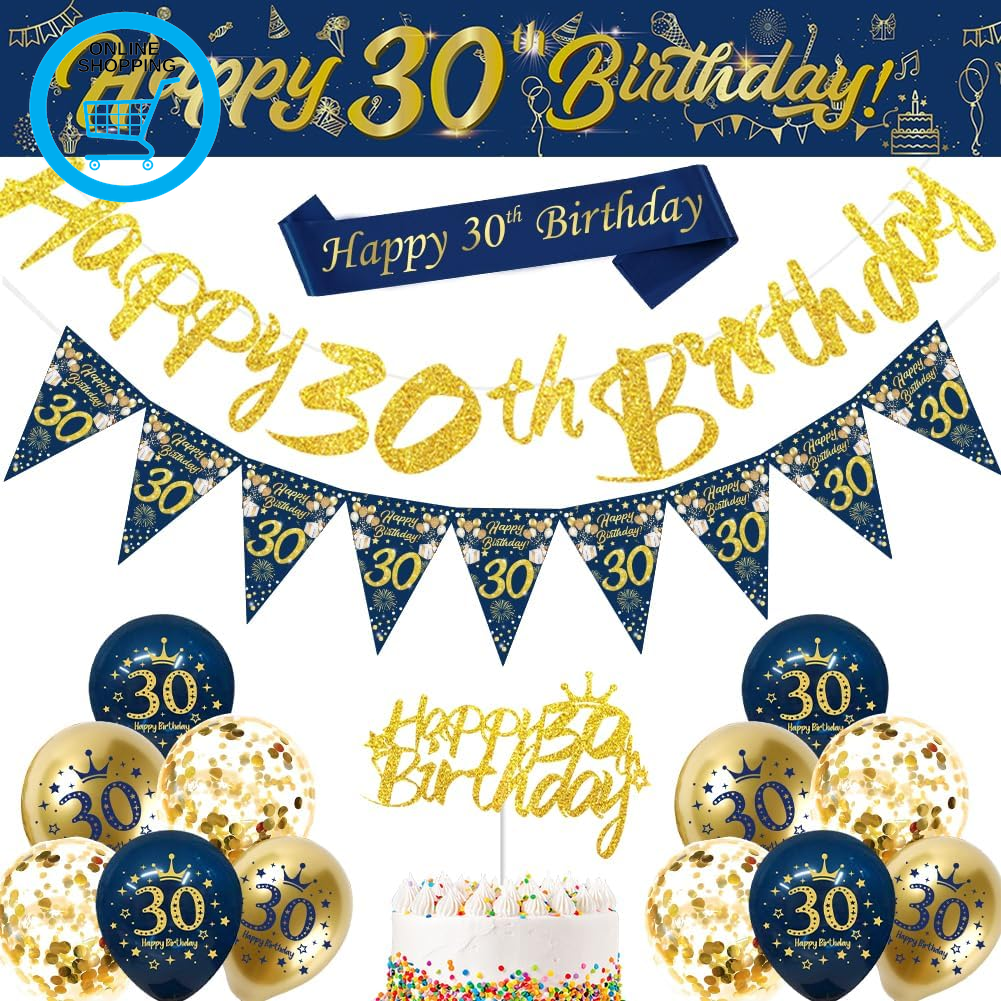 30Th Birthday Decorations - Blue Gold Happy Birthday Banner, Balloons, Bunting F
