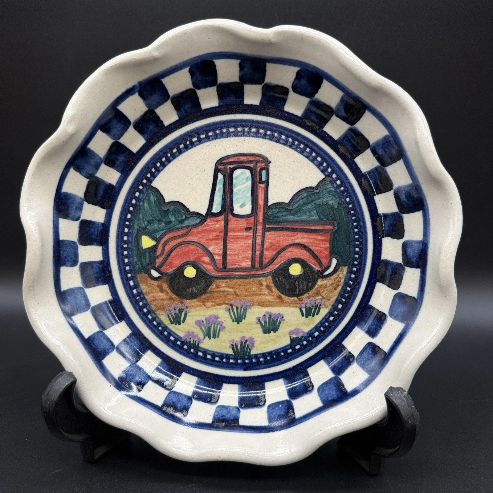 Signed Debbie Dean Pottery Red Truck Blue Checkerboard Stoneware Pie Dish