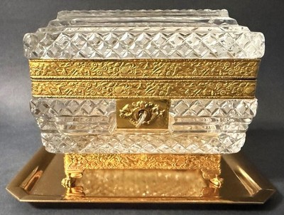 Large 19C Baccarat Cut Crystal & Bronze Dore Trinket Box With Tiffany Tray