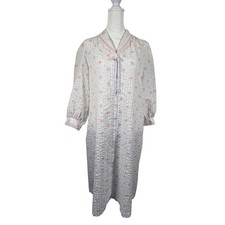 Vintage Seersucker 1970s House Coat Robe Miss Elaine Floral Snap Women's Medium