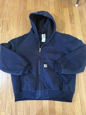 Vintage Carhartt J140 DNY Quilt Lined Hooded Duck Jacket Large Navy Blue